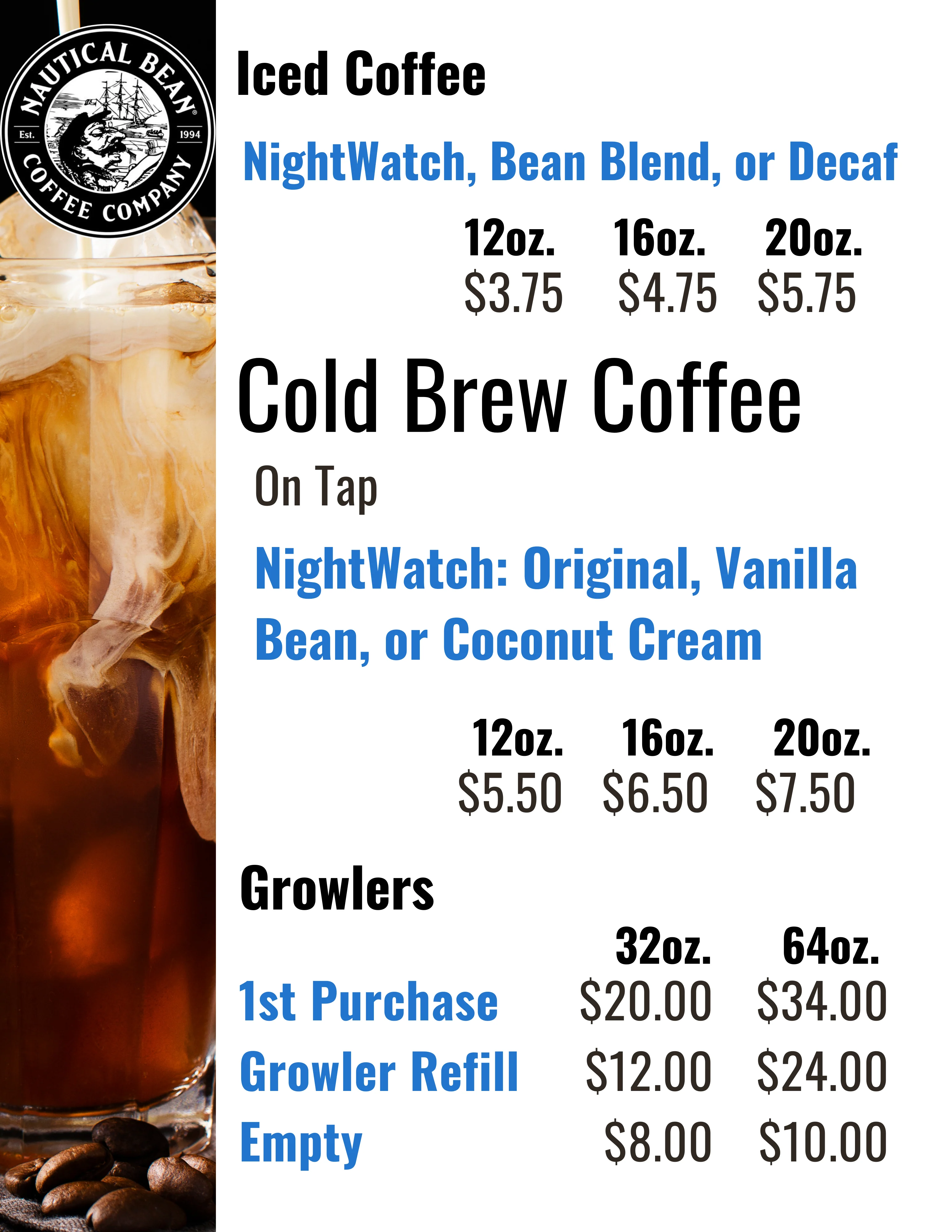 Iced Coffee, Cold Brew, Growlers